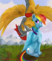 Size: 3699x4390 | Tagged: safe, artist:greenbrothersart, character:flash magnus, character:rainbow dash, species:pegasus, species:pony, ship:dashmagnus, armor, female, flying, kiss on the cheek, kissing, male, mare, raised hoof, shipping, sitting, smiling, stallion, straight