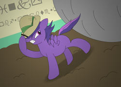 Size: 2000x1429 | Tagged: safe, artist:dinkyuniverse, species:pegasus, species:pony, newbie artist training grounds, adventure, atg 2018, boulder, clothing, danger, dungeon, female, filly, foal, gritted teeth, hat, raised hoof, running, solo, trap, violet spark, wingdings