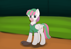 Size: 1024x717 | Tagged: safe, artist:redquoz, character:blossomforth, species:pegasus, species:pony, newbie artist training grounds, atg 2018, baseball, baseball glove, bubblegum, clothing, female, food, gum, mare, solo, sports