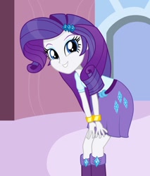 Size: 825x968 | Tagged: safe, artist:tabrony23, character:rarity, my little pony:equestria girls, beautiful, bent over, blue eyes, carousel boutique, cute, female, hands on thighs, looking at you, raribetes, show accurate, solo, woman