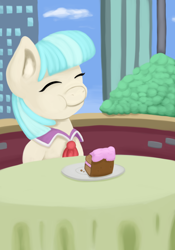 Size: 840x1200 | Tagged: safe, artist:redquoz, character:coco pommel, equestria daily, newbie artist training grounds, atg 2018, clothing, day 15, female, manehattan, slice of cake, solo