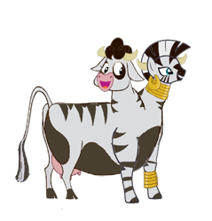 Size: 710x743 | Tagged: safe, artist:theunknowenone1, character:daisy jo, character:zecora, species:cow, species:zebra, conjoined, fat, fused, fusion, horns, jocora, merge, multiple heads, not salmon, simple background, stuck together, transparent background, two heads, udder, wat, zebrow