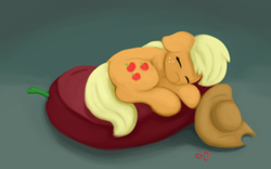 Size: 1920x1200 | Tagged: safe, artist:redquoz, character:applejack, species:earth pony, species:pony, equestria daily, newbie artist training grounds, beanbag chair, clothing, curled up, cute, eyes closed, female, freckles, hair tie, hat, hatless, jackabetes, mare, missing accessory, natg2018, nudity, simple background, sleeping, solo