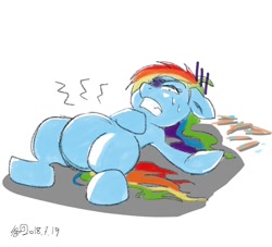 Size: 1100x1000 | Tagged: safe, artist:sozglitch, character:rainbow dash, species:pegasus, species:pony, female, mare, popsicle stick, solo, stomach ache, stomach noise, stomach pain, stuffed