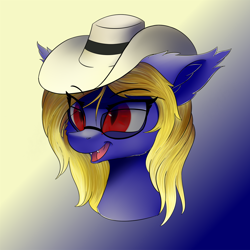 Size: 1250x1250 | Tagged: safe, artist:lunar froxy, oc, oc only, oc:butter cream, species:bat pony, species:pony, bat pony oc, bust, clothing, commission, eye clipping through hair, female, gradient background, hat, mare, portrait, smiling, solo, sunglasses