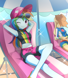 Size: 2000x2300 | Tagged: safe, artist:ryuu, character:applejack, character:rainbow dash, episode:lost and found, g4, my little pony: equestria girls, my little pony:equestria girls, adorasexy, anime, applejack's hat, arm behind head, armpits, beach, belly button, blue skin, blushing, board shorts, cap, chillaxing, clothing, cowboy hat, cowgirl, crossed legs, cute, dashabetes, duo, duo female, female, geode of super speed, geode of super strength, glasses, hat, jewelry, looking at you, magical geodes, midriff, necklace, one eye closed, pink eyes, ponytail, relaxing, sand, sandals, scene interpretation, sexy, shorts, sleeping, smiling, stupid sexy rainbow dash, sunbrella, sunglasses, sunglasses on head, swimsuit, umbrella, wink, winking at you, zzz