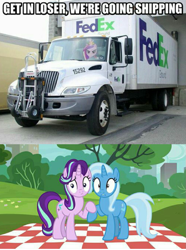 Size: 651x877 | Tagged: safe, artist:davidsfire, edit, character:princess cadance, character:starlight glimmer, character:trixie, ship:startrix, fedex, female, get in loser, hoof hold, image macro, lesbian, loser, love, mean girls, meme, picnic, pun, shipping, vector, vector edit, visual gag