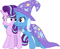 Size: 10267x8445 | Tagged: safe, artist:famousmari5, character:starlight glimmer, character:trixie, species:pony, species:unicorn, episode:to change a changeling, g4, my little pony: friendship is magic, absurd resolution, cape, clothing, hat, simple background, transparent background, trixie's cape, trixie's hat