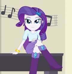 Size: 878x909 | Tagged: safe, artist:tabrony23, character:rarity, my little pony:equestria girls, beautiful, blue eyes, boots, crossed legs, cute, female, high heel boots, looking at you, piano, raribetes, sexy, shoes, smiling, solo, woman