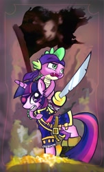 Size: 1160x1904 | Tagged: safe, artist:kna, character:spike, character:twilight sparkle, species:dragon, species:pony, species:unicorn, clothing, ear piercing, earring, eyepatch, female, flag, jewelry, male, mare, piercing, pirate, scarf, sword, weapon