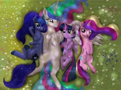 Size: 6301x4698 | Tagged: safe, artist:greenbrothersart, character:princess cadance, character:princess celestia, character:princess luna, character:twilight sparkle, character:twilight sparkle (alicorn), species:alicorn, species:pony, absurd resolution, alicorn tetrarchy, cute, cutedance, cutelestia, dappled sunlight, female, flower, lunabetes, mare, movie accurate, on back, overhead view, smiling, true love princesses, twiabetes