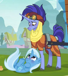 Size: 596x662 | Tagged: safe, artist:s1nb0y, edit, edited screencap, screencap, character:hoo'far, character:trixie, species:pony, species:unicorn, ship:trixfar, episode:on the road to friendship, blushing, clothing, female, male, mare, ms. powerful, on back, saddle arabian, shipping, stallion, straight
