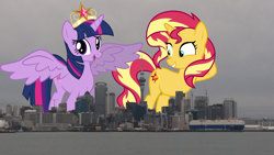 Size: 4128x2322 | Tagged: safe, artist:famousmari5, character:sunset shimmer, character:twilight sparkle, character:twilight sparkle (alicorn), species:alicorn, species:pony, species:unicorn, auckland, big crown thingy, city, female, giant pony, giant/macro sunset shimmer, highrise ponies, irl, macro, mare, mega twilight sparkle, new zealand, photo, ponies in real life, regalia, smiling