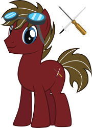 Size: 2060x2865 | Tagged: safe, artist:duskthebatpack, oc, oc only, oc:tinker switch, species:earth pony, species:pony, goggles, male, simple background, smiling, solo, stallion, standing, transparent background, vector