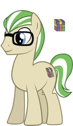 Size: 1718x2972 | Tagged: safe, artist:duskthebatpack, oc, oc only, oc:enigma, species:earth pony, species:pony, glasses, male, rubik's cube, simple background, smiling, solo, stallion, standing, transparent background, vector