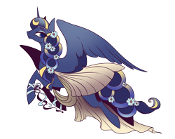 Size: 1280x1015 | Tagged: safe, artist:28gooddays, character:princess luna, species:alicorn, species:pony, alternate hairstyle, clothing, dress, female, flower, flower in hair, flying, mare, simple background, smiling, solo, spread wings, transparent background, wings