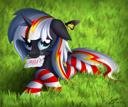 Size: 3000x2500 | Tagged: safe, artist:duskie-06, oc, oc only, oc:velvet remedy, species:pony, species:unicorn, fallout equestria, butterfly, clothing, crying, cute, cutie mark, fanfic, fanfic art, female, floppy ears, flower, grass, hooves, horn, hug request, looking at you, lying down, mare, mouth hold, paper, sign, signature, socks, solo, striped socks, sunflower, text