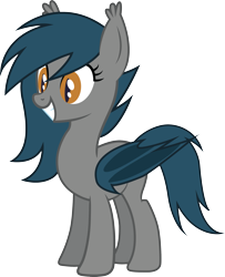Size: 2225x2734 | Tagged: safe, artist:duskthebatpack, oc, oc only, oc:speck, species:bat pony, species:pony, bat pony oc, bat wings, ear fluff, female, folded wings, gift art, grin, high res, mare, show accurate, simple background, slit eyes, smiling, solo, standing, transparent background, vector, wings