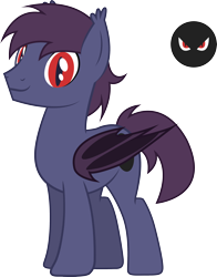 Size: 2462x3141 | Tagged: safe, artist:duskthebatpack, oc, oc only, oc:shadow flight, species:bat pony, species:pony, bat pony oc, bat wings, commission, ear fluff, folded wings, high res, male, simple background, slit eyes, smiling, solo, stallion, standing, transparent background, vector, wings