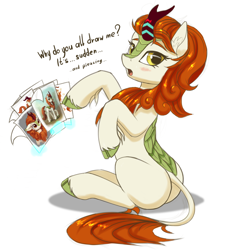 Size: 3786x4212 | Tagged: safe, artist:asimos, artist:draconidsmxz, artist:neonishe, artist:pony-way, character:autumn blaze, species:kirin, episode:sounds of silence, g4, my little pony: friendship is magic, awwtumn blaze, blushing, cloven hooves, cute, dialogue, drawing, ear fluff, female, leonine tail, levitation, looking at each other, looking at you, looking back, magic, open mouth, plot, pony-way is trying to kill us, raised hoof, simple background, sitting, solo, telekinesis, white background