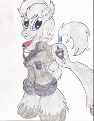 Size: 1700x2200 | Tagged: safe, artist:wyren367, oc, oc only, oc:claymore, species:pony, clothing, colored pencil drawing, ear fluff, jacket, looking at you, male, military, military pony, military uniform, simple background, stallion, tail band, traditional art, unshorn fetlocks
