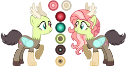 Size: 3052x1612 | Tagged: safe, artist:diamond-chiva, oc, oc only, oc:spring heart, parent:discord, parent:fluttershy, parents:discoshy, antlers, bald, female, heterochromia, hybrid, interspecies offspring, offspring, reference sheet, simple background, solo, transparent background