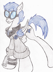 Size: 1522x2062 | Tagged: safe, artist:wyren367, oc, oc only, oc:tempest breaker, species:pegasus, species:pony, clothing, colored pencil drawing, goggles, jacket, male, military, military pony, military uniform, rank, simple background, stallion, traditional art