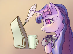 Size: 1890x1383 | Tagged: safe, artist:stratodraw, character:smarty pants, character:twilight sparkle, species:pony, bed mane, feather, female, mare, mug, writing