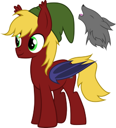 Size: 2695x2984 | Tagged: safe, artist:duskthebatpack, oc, oc:griffin night, oc:howling night, species:bat pony, species:pony, species:wolf, bat pony oc, cap, clothing, commission, cutie mark, ear fluff, hat, hybrid, male, show accurate, simple background, stallion, transparent background