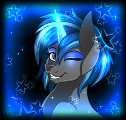 Size: 700x666 | Tagged: safe, artist:derpsonhooves, part of a set, oc, oc only, oc:homage, species:pony, species:unicorn, fallout equestria, abstract background, bust, chest fluff, fanfic, fanfic art, female, glowing horn, horn, mare, one eye closed, portrait, smiling, solo, teeth, wink