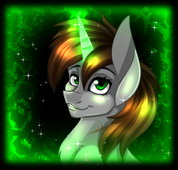 Size: 700x666 | Tagged: safe, artist:derpsonhooves, part of a set, oc, oc only, oc:littlepip, species:pony, species:unicorn, fallout equestria, abstract background, bust, chest fluff, fanfic, fanfic art, female, glowing horn, horn, mare, portrait, scar, solo, teeth