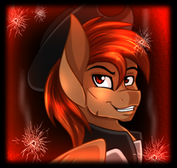 Size: 700x666 | Tagged: safe, artist:derpsonhooves, part of a set, oc, oc only, oc:calamity, species:pegasus, species:pony, fallout equestria, abstract background, bust, clothing, dashite, fanfic, fanfic art, hat, male, portrait, scar, smiling, solo, stallion, teeth, wings