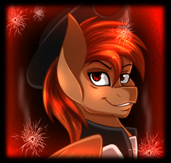 Size: 700x666 | Tagged: safe, alternate version, artist:derpsonhooves, part of a set, oc, oc only, oc:calamity, species:pegasus, species:pony, fallout equestria, abstract background, bust, clothing, dashite, fanfic, fanfic art, hat, male, portrait, smiling, solo, stallion, teeth, wings