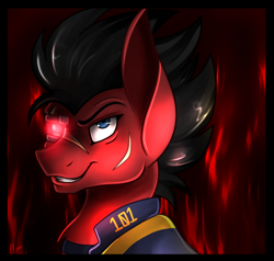 Size: 700x666 | Tagged: safe, artist:derpsonhooves, part of a set, oc, oc only, oc:red eye, species:earth pony, species:pony, fallout equestria, abstract background, augmented, biohacking, bust, clothing, cyber eyes, cyborg, fanfic, fanfic art, male, portrait, red and black oc, scar, smiling, solo, stallion, teeth, vault suit