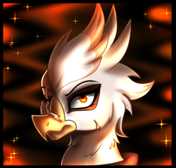 Size: 700x666 | Tagged: safe, artist:derpsonhooves, part of a set, oc, oc only, oc:gawdyna grimfeathers, species:griffon, fallout equestria, abstract background, bust, fanfic, fanfic art, female, portrait, scar, solo