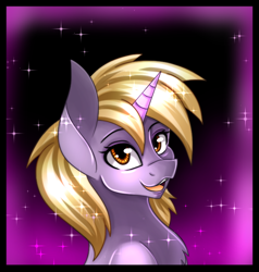 Size: 666x700 | Tagged: safe, artist:derpsonhooves, part of a set, oc, oc only, oc:silver bell, species:pony, species:unicorn, fallout equestria, abstract background, bust, chest fluff, fanfic, fanfic art, female, filly, foal, glowing horn, horn, open mouth, portrait, solo, teeth