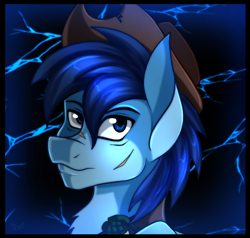 Size: 700x666 | Tagged: safe, artist:derpsonhooves, part of a set, oc, oc only, oc:p-21, species:earth pony, species:pony, fallout equestria, fallout equestria: project horizons, abstract background, bust, clothing, fanfic, fanfic art, hat, male, portrait, scar, solo, stallion