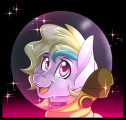 Size: 700x666 | Tagged: safe, artist:derpsonhooves, part of a set, oc, oc only, oc:puppysmiles, species:earth pony, species:pony, fallout equestria, abstract background, bust, chest fluff, fallout equestria: pink eyes, fanfic, fanfic art, female, filly, foal, hazmat suit, open mouth, portrait, scar, solo, teeth