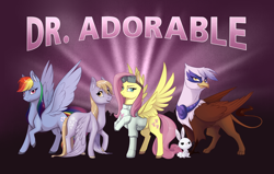 Size: 2742x1741 | Tagged: safe, artist:28gooddays, character:angel bunny, character:derpy hooves, character:fluttershy, character:gilda, character:rainbow dash, species:griffon, species:pegasus, species:pony, backwards cutie mark, clothing, crossover, dr adorable, dr. adorable, dr. horrible's sing-along blog, female, goggles, mare