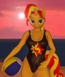 Size: 1837x2160 | Tagged: safe, artist:helioseusebio, character:sunset shimmer, species:anthro, art pack:summer fun, 3d, ball, baywatch, beach, beach ball, black swimsuit, breasts, busty sunset shimmer, clothing, cutie mark swimsuit, female, looking at you, one-piece swimsuit, smiling, solo, source filmmaker, sun, sunset, swimsuit