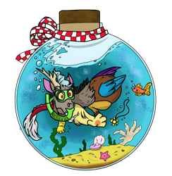 Size: 2336x2398 | Tagged: safe, artist:glitterstar2000, character:discord, species:draconequus, bottle, clam, fish, implied dislestia, implied princess celestia, implied shipping, implied straight, jewelry, male, necklace, pearl, reaching, seaweed, simple background, snorkel, solo, transparent background, underwater
