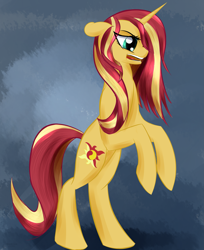 Size: 2503x3060 | Tagged: safe, artist:renarde-louve, character:sunset shimmer, species:pony, species:unicorn, my little pony:equestria girls, female, hair over one eye, mare, open mouth, rearing, solo, sunset shimmer day, wet mane