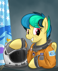 Size: 941x1166 | Tagged: safe, artist:buckweiser, oc, oc:apogee, species:pegasus, species:pony, astronaut, clothing, equestrian flag, flight suit, helmet, older, smiling, solo, space suit