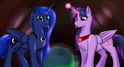 Size: 3840x2077 | Tagged: safe, artist:renarde-louve, character:princess luna, character:twilight sparkle, character:twilight sparkle (alicorn), species:alicorn, species:pony, ship:twiluna, blep, description is relevant, female, glowing horn, lesbian, peytral, shipping, silly, tongue out