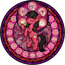 Size: 1024x1024 | Tagged: safe, artist:akili-amethyst, oc, oc:bookmark act, oc:macdolia, oc:spirit fields, oc:wind art, species:earth pony, species:pony, species:unicorn, dive to the heart, engine, food, glasses, kingdom hearts, muffin, pigtails, pocket watch, roman numerals, stained glass