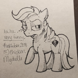 Size: 600x600 | Tagged: safe, artist:mychelle, character:scootaloo, species:pegasus, species:pony, inktober, female, monochrome, scootachicken, scootaloo is not amused, solo, traditional art, unamused