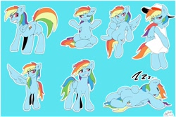 Size: 1500x1000 | Tagged: safe, artist:sozglitch, character:rainbow dash, species:pegasus, species:pony, belly button, clothing, dress, featureless crotch, female, hat, mare, one eye closed, rainbow dash always dresses in style, sleeping, solo, wink, yoga, zzz