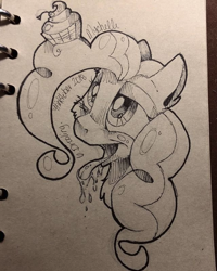 Size: 480x600 | Tagged: safe, artist:mychelle, character:pinkie pie, species:earth pony, species:pony, inktober, cupcake, drool, female, food, monochrome, solo, traditional art