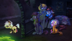 Size: 1500x865 | Tagged: safe, artist:limreiart, character:pinkie pie, oc, oc:blackjack, oc:firefly, oc:gray stillness, oc:littlepip, oc:murky, oc:puppysmiles, species:earth pony, species:pegasus, species:pony, species:unicorn, fallout equestria, fallout equestria: project horizons, angry, canterlot ghoul, chest fluff, clothing, cyborg, eyes closed, fallout equestria: enclave's shadow, fallout equestria: murky number seven, fallout equestria: pink eyes, fallout equestria: promise, fanfic, fanfic art, female, filly, floppy ears, foal, grand pegasus enclave, hazmat suit, hoof fluff, hooves, horn, mare, ministry of awesome, nervous, open mouth, pipbuck, plushie, scared, sitting, sweat, teeth, vault suit