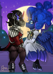 Size: 800x1132 | Tagged: safe, artist:eztp, character:king sombra, character:princess luna, species:alicorn, species:anthro, species:pony, species:unguligrade anthro, species:unicorn, ship:lumbra, clothing, dress, female, looking at each other, male, mare, moon, night, shipping, smiling, stallion, straight